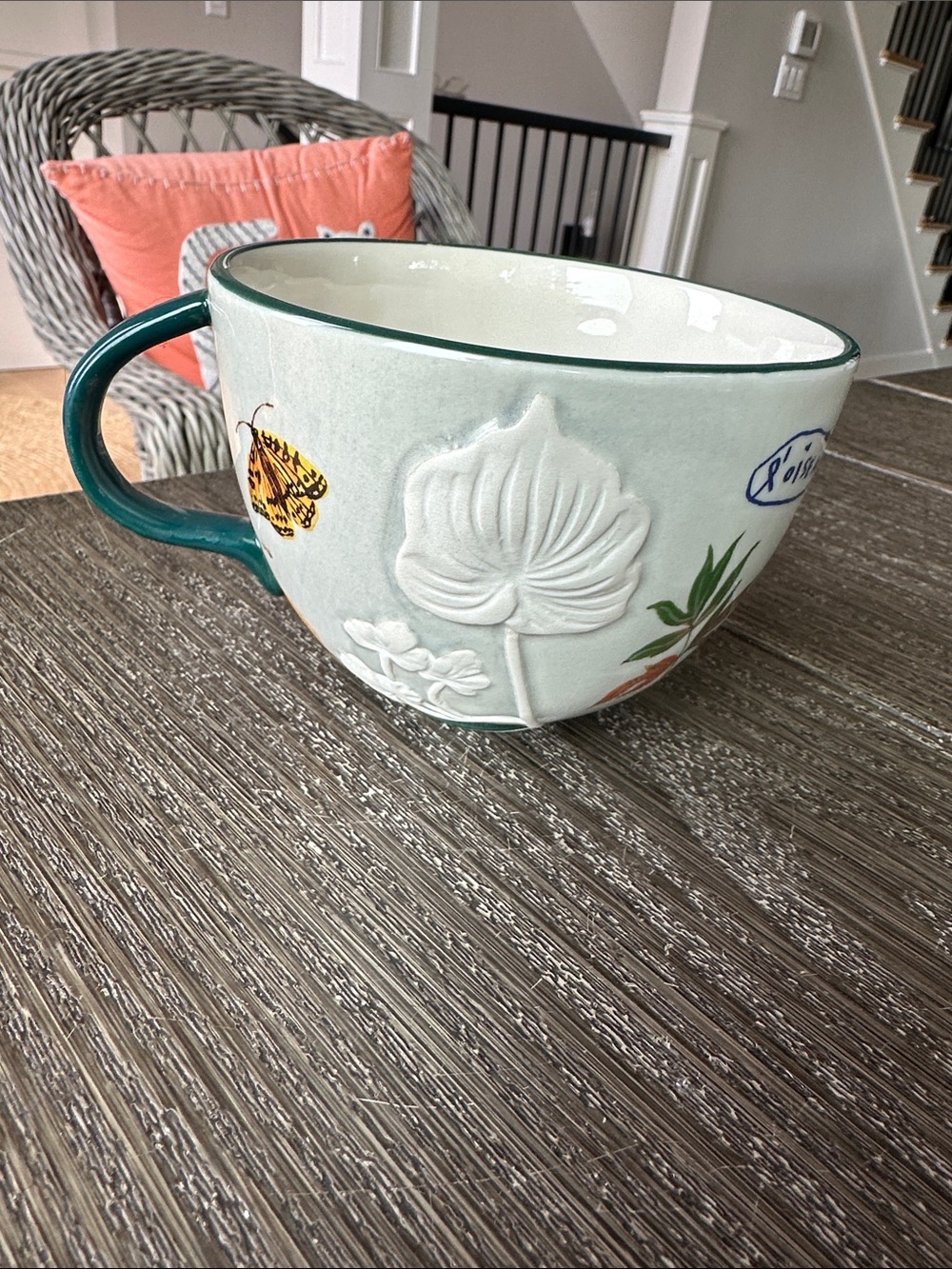 Anthropologie and Nathalie lete Teal-Handle Embossed Floral Ceramic Mug